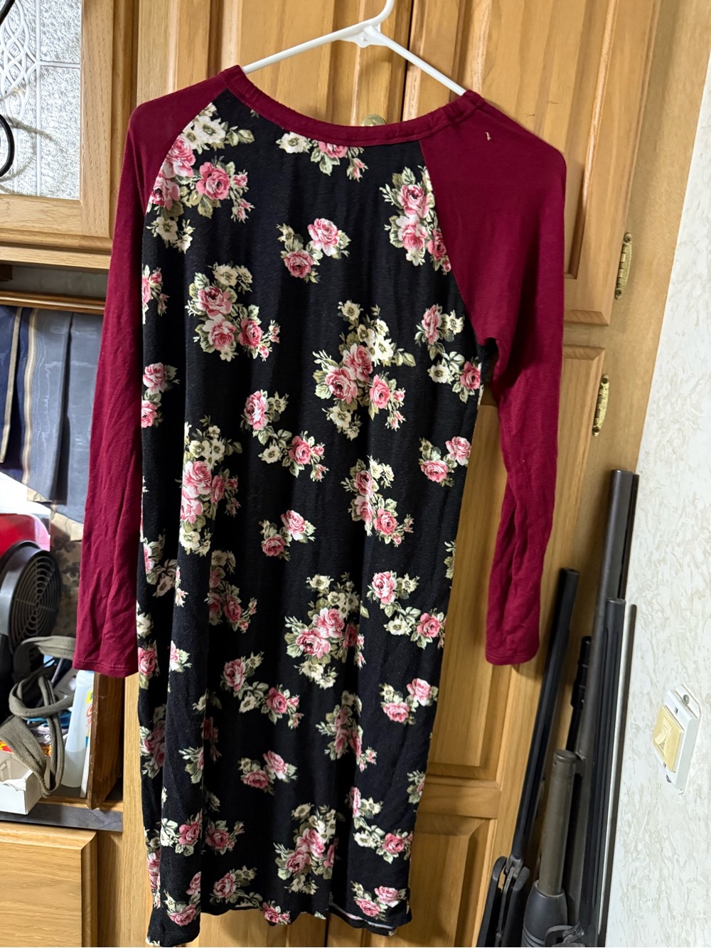 Sweet Claire Black Floral Raglan Dress with Burgundy Sleeves